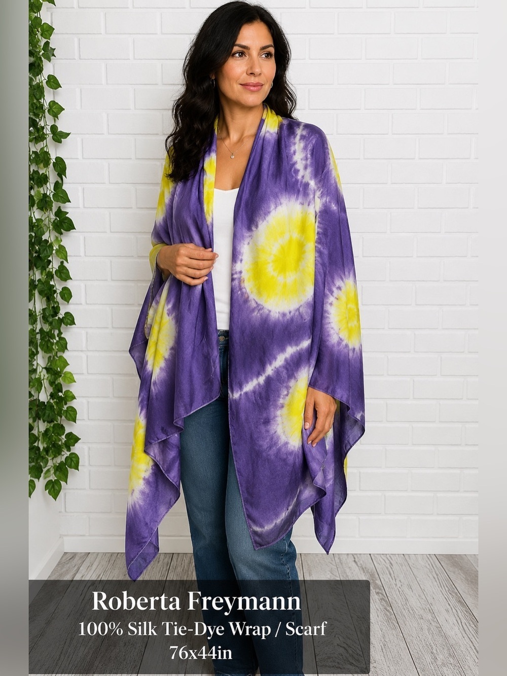 Roberta Freymann 100% Silk Tie-Dye Wrap / Scarf - Purple & Yellow /76x44in